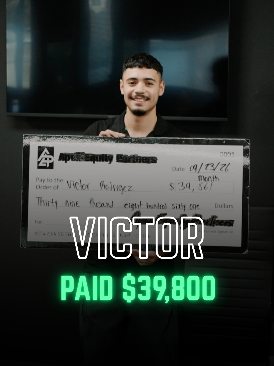 Apex Division rep with a big check